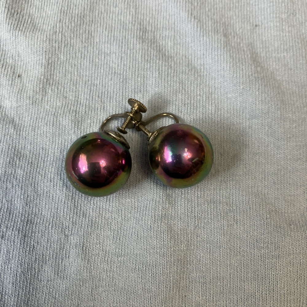Silver Clip On Screw Back Faux Pearl Earrings Purple irridescent 3/4" large